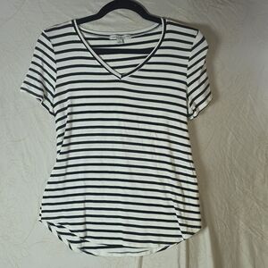 Green Envelope Black and White Striped V-Neck Tee